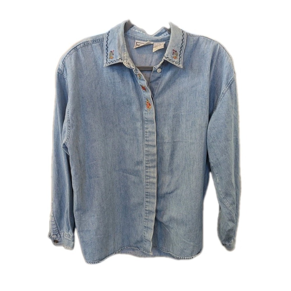 Vtg New Look Women's XL Embroidered Denim Shirt Button Up‎ Shoulder Pads Western
